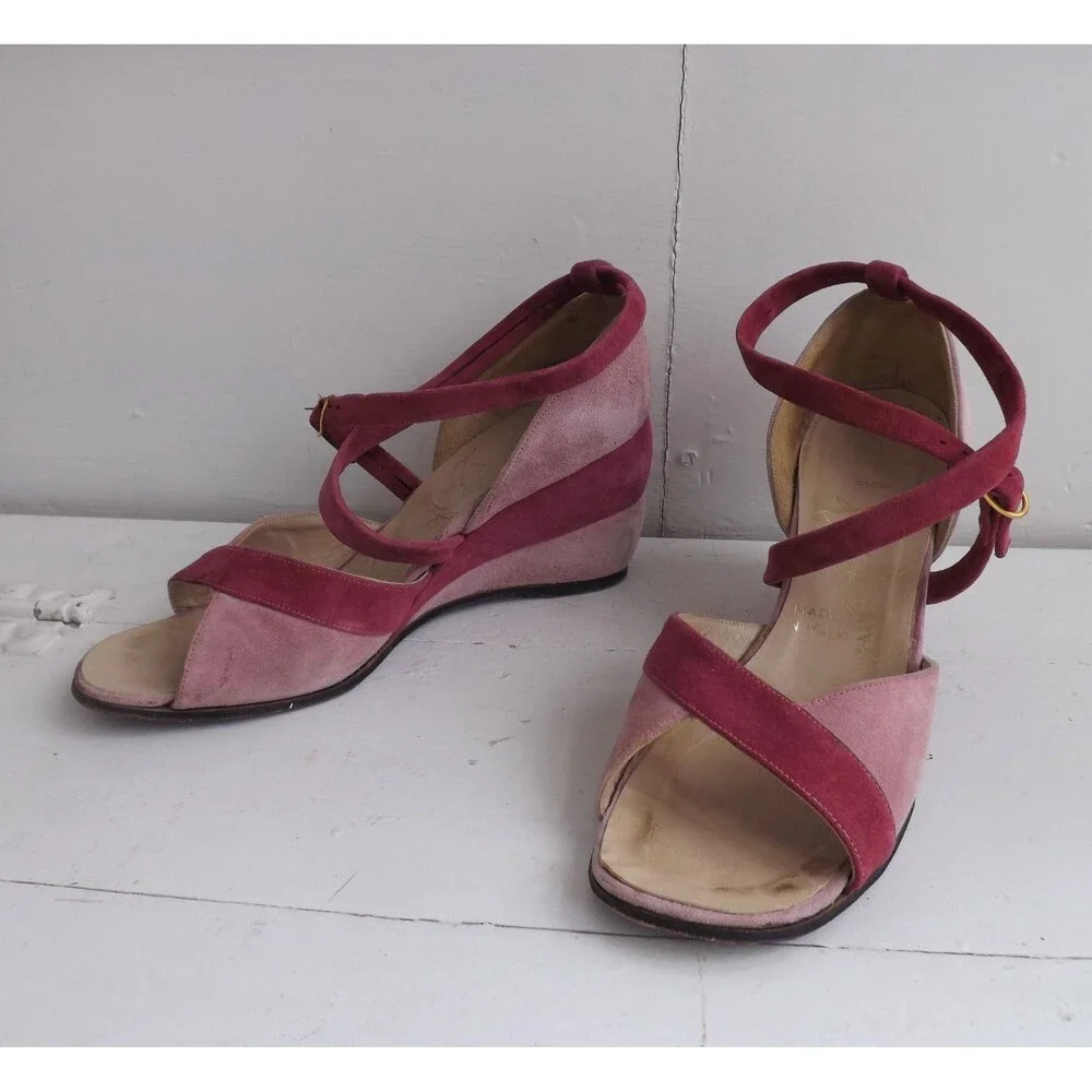 Bandolinos Two Tone Wedge Shoes Strappy Suede Pink Vintage 5 M 6 Narrow